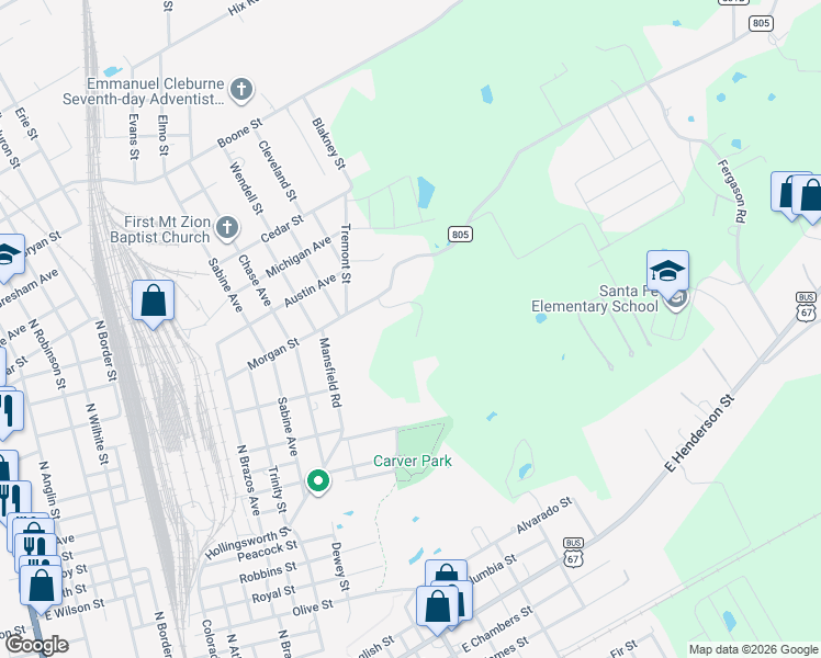 map of restaurants, bars, coffee shops, grocery stores, and more near 624 Mansfield Road in Cleburne