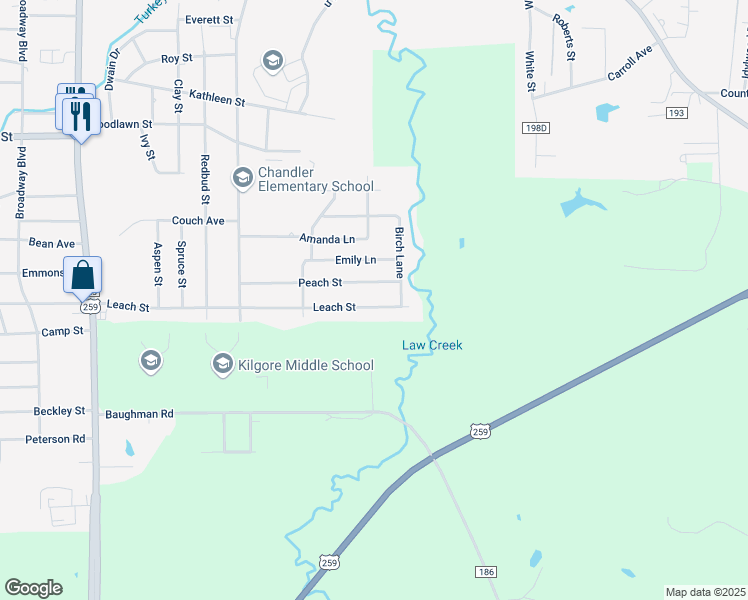 map of restaurants, bars, coffee shops, grocery stores, and more near 1703 Peach Street in Kilgore