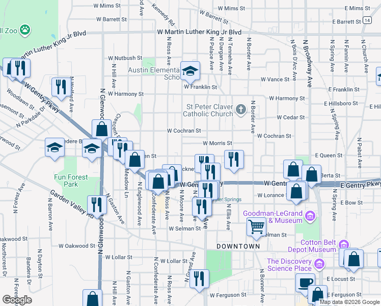 map of restaurants, bars, coffee shops, grocery stores, and more near 1005 West Morris Street in Tyler