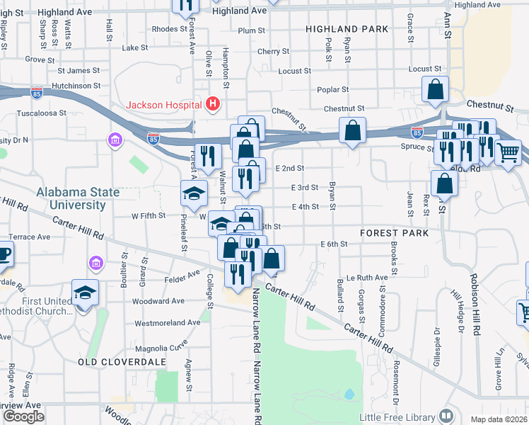 map of restaurants, bars, coffee shops, grocery stores, and more near 1717 West Street in Montgomery