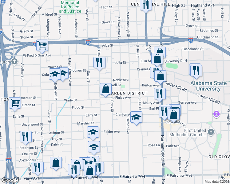 map of restaurants, bars, coffee shops, grocery stores, and more near 1102 South Perry Street in Montgomery