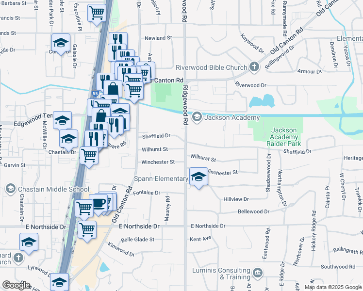 map of restaurants, bars, coffee shops, grocery stores, and more near 1532 Sheffield Drive in Jackson