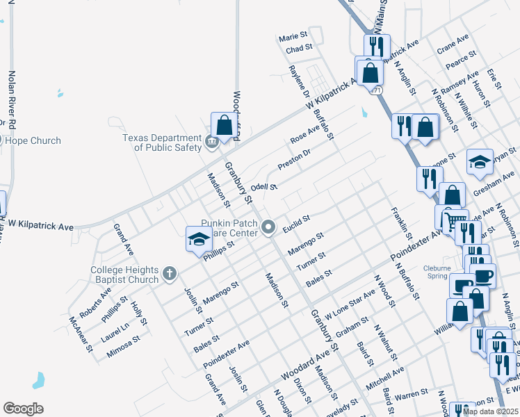 map of restaurants, bars, coffee shops, grocery stores, and more near 425 Odell Street in Cleburne