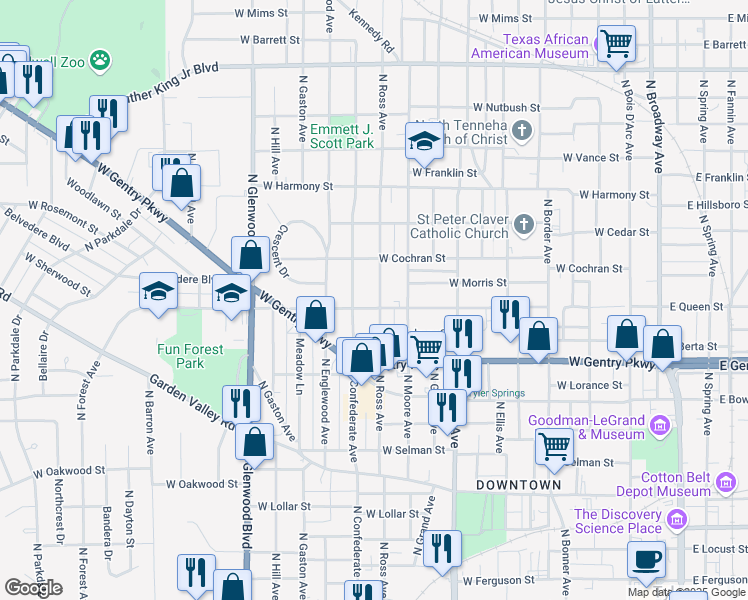 map of restaurants, bars, coffee shops, grocery stores, and more near 1204 North Ross Avenue in Tyler
