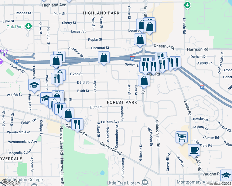 map of restaurants, bars, coffee shops, grocery stores, and more near 2436 East 4th Street in Montgomery