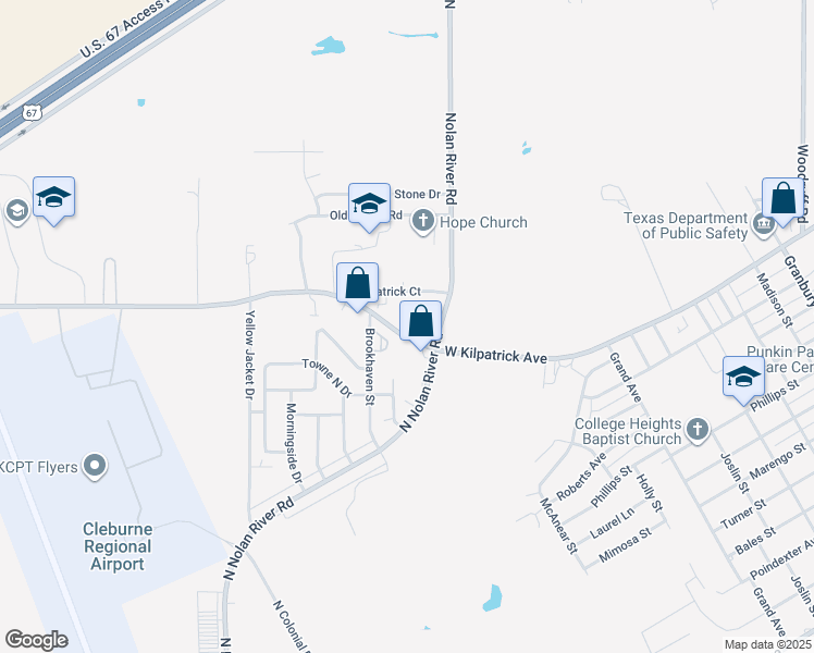 map of restaurants, bars, coffee shops, grocery stores, and more near 1412 Courtney Place in Cleburne