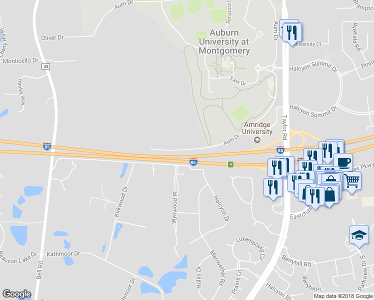 map of restaurants, bars, coffee shops, grocery stores, and more near 6571 Aum Drive in Montgomery