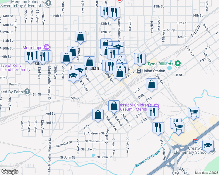 map of restaurants, bars, coffee shops, grocery stores, and more near 2324 Front Street in Meridian