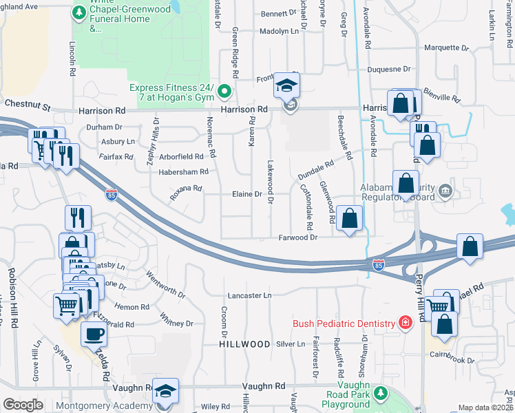 map of restaurants, bars, coffee shops, grocery stores, and more near 1201 Karen Road in Montgomery