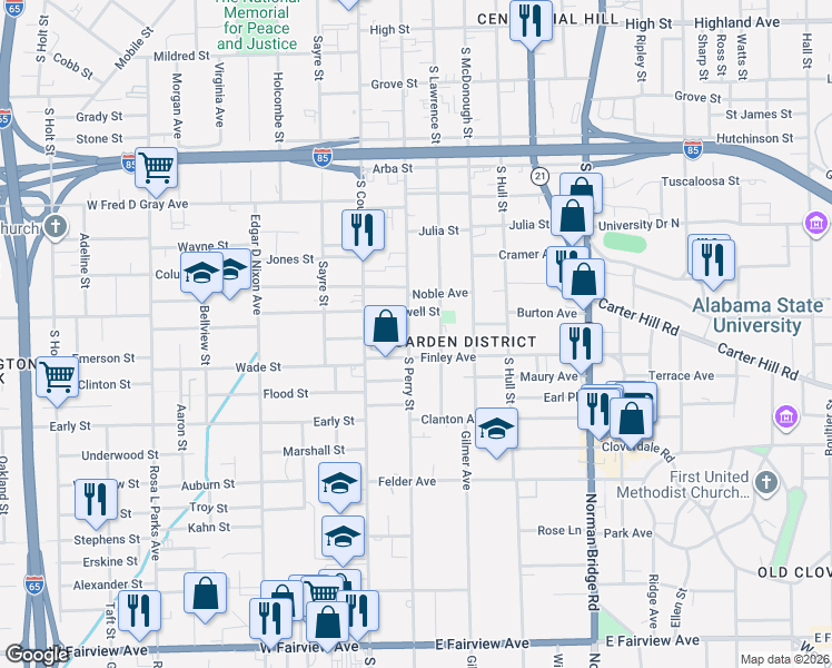map of restaurants, bars, coffee shops, grocery stores, and more near 1102 South Perry Street in Montgomery