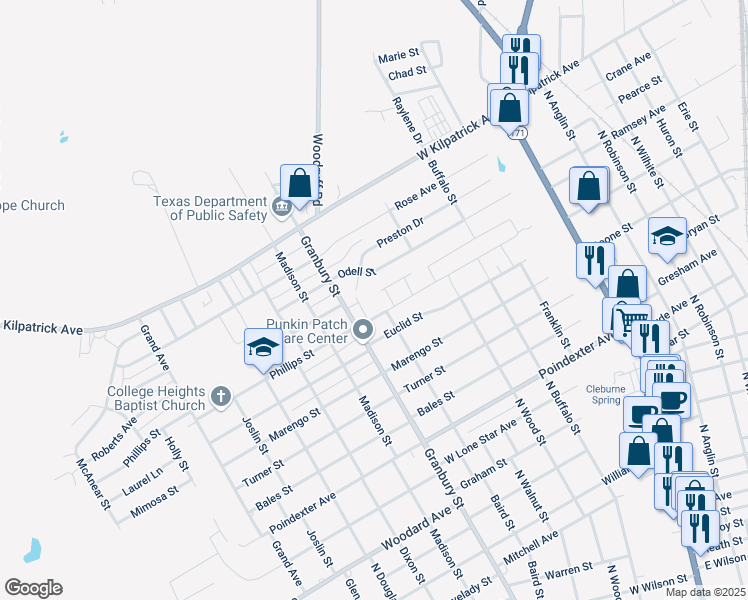 map of restaurants, bars, coffee shops, grocery stores, and more near 425 Odell Street in Cleburne