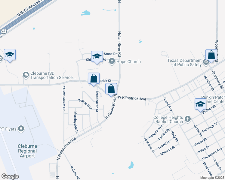 map of restaurants, bars, coffee shops, grocery stores, and more near 1402 Courtney Place in Cleburne