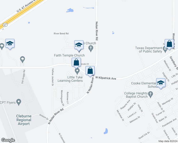 map of restaurants, bars, coffee shops, grocery stores, and more near 1402 Courtney Place in Cleburne