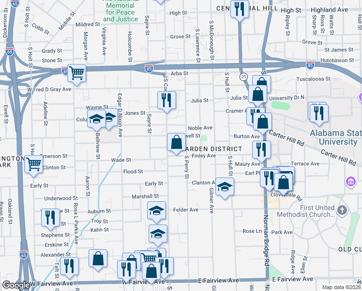 map of restaurants, bars, coffee shops, grocery stores, and more near 1142 South Perry Street in Montgomery