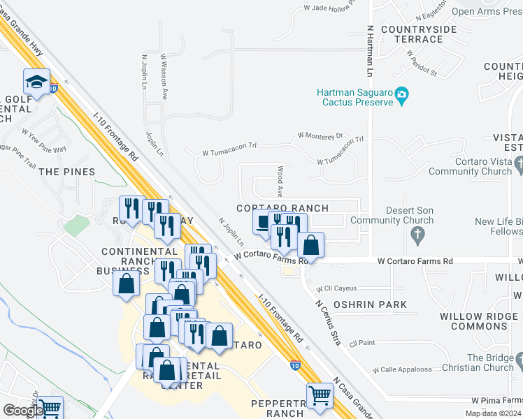 map of restaurants, bars, coffee shops, grocery stores, and more near 5716 West Cortaro Crossing Drive in Tucson