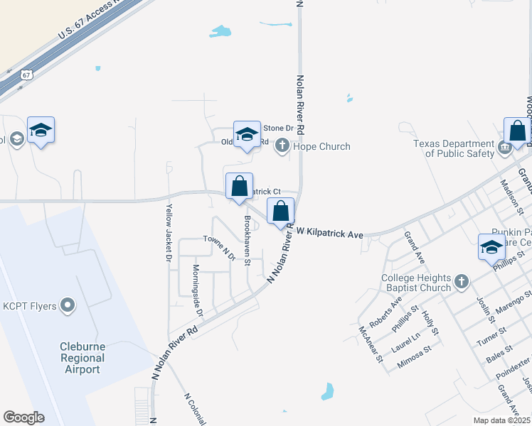 map of restaurants, bars, coffee shops, grocery stores, and more near 1412 Courtney Place in Cleburne