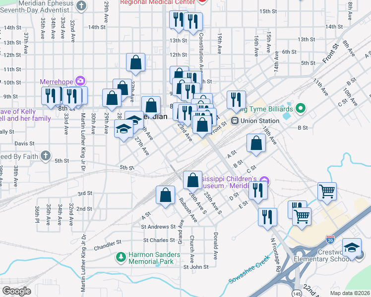 map of restaurants, bars, coffee shops, grocery stores, and more near 2322 Front Street in Meridian