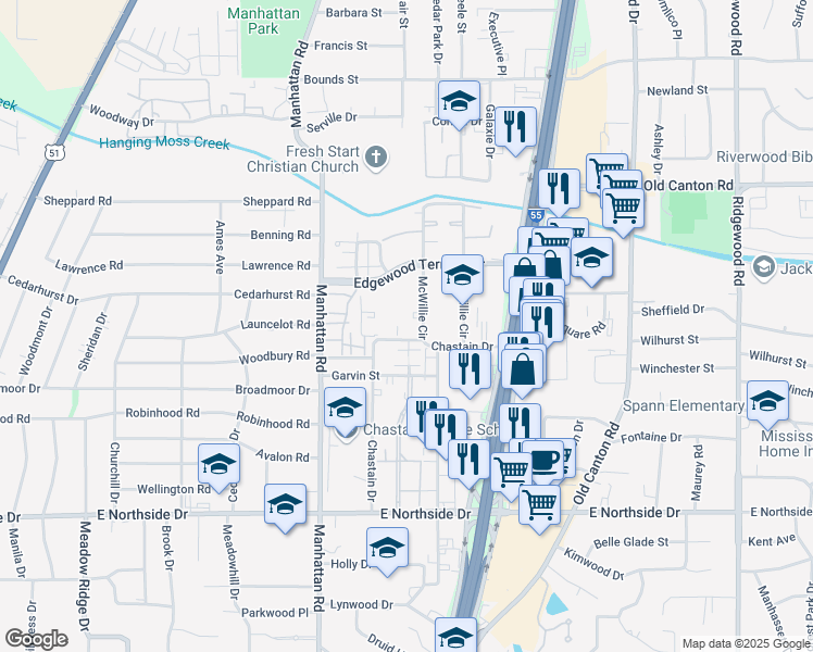 map of restaurants, bars, coffee shops, grocery stores, and more near 2 McWillie Circle in Jackson