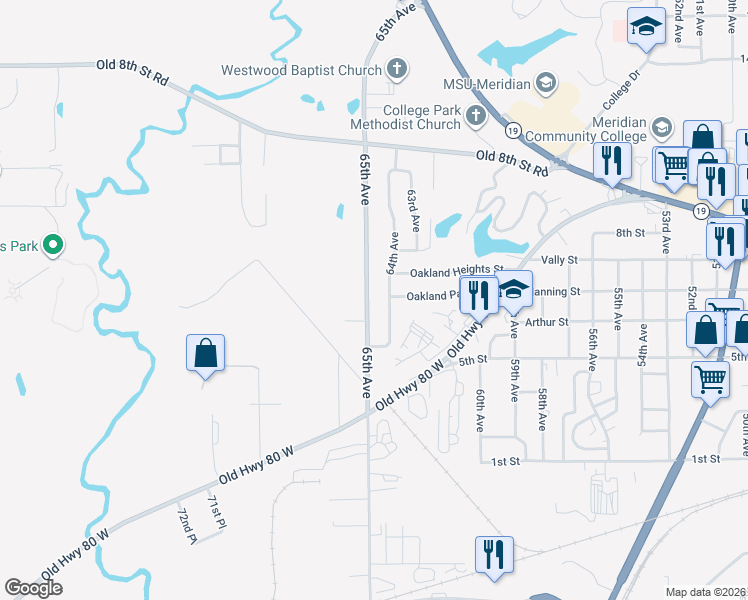 map of restaurants, bars, coffee shops, grocery stores, and more near 612 65th Avenue in Meridian
