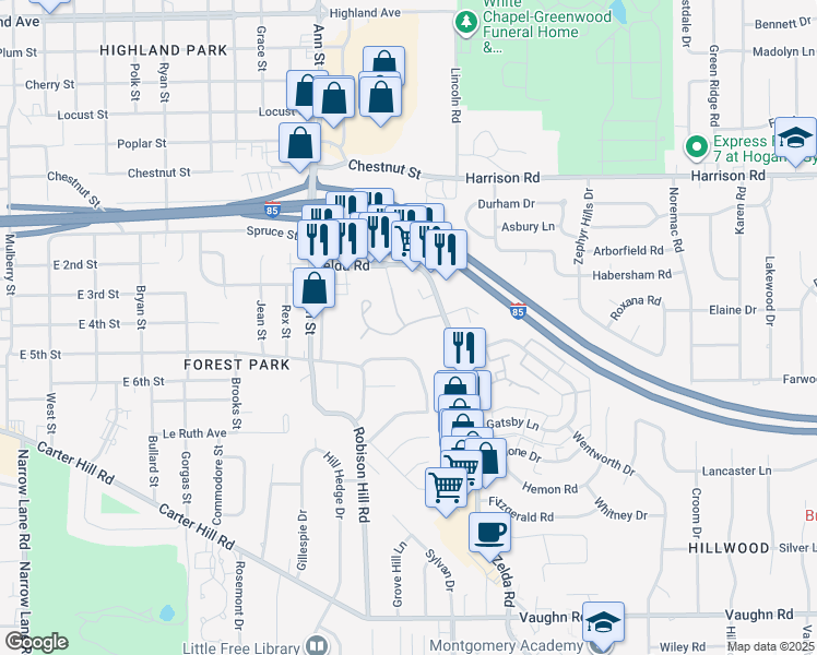 map of restaurants, bars, coffee shops, grocery stores, and more near 2200 F Scott Court in Montgomery