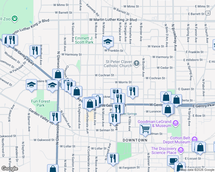map of restaurants, bars, coffee shops, grocery stores, and more near in Tyler