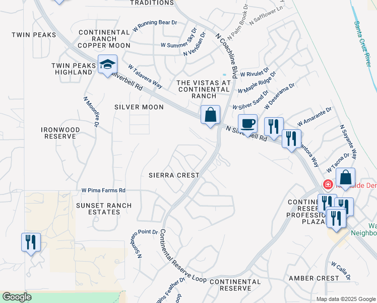 map of restaurants, bars, coffee shops, grocery stores, and more near 7568 West Sand River Way in Tucson