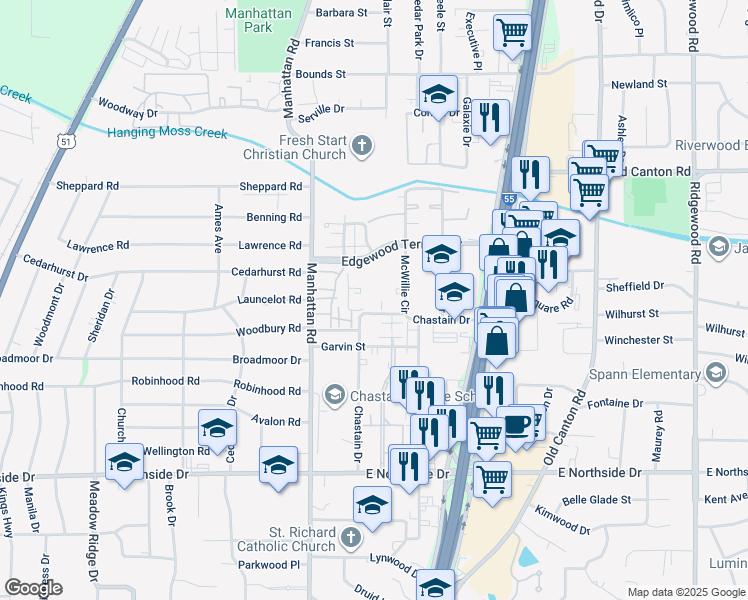 map of restaurants, bars, coffee shops, grocery stores, and more near 4901 McWillie Circle in Jackson