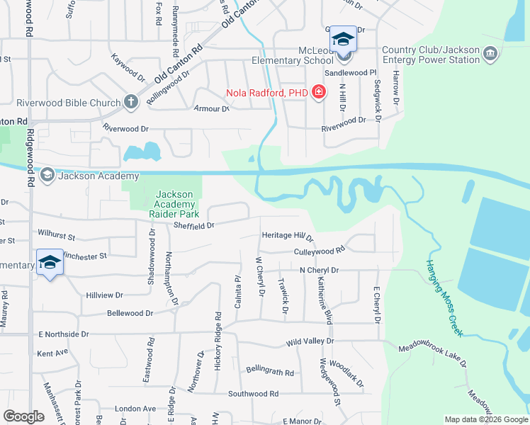 map of restaurants, bars, coffee shops, grocery stores, and more near 2200 Sheffield Drive in Jackson