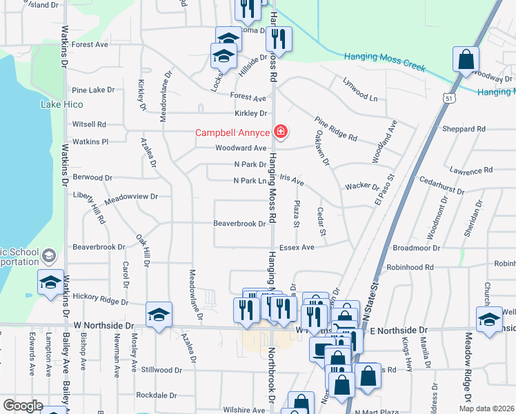 map of restaurants, bars, coffee shops, grocery stores, and more near 4305 Hanging Moss Road in Jackson