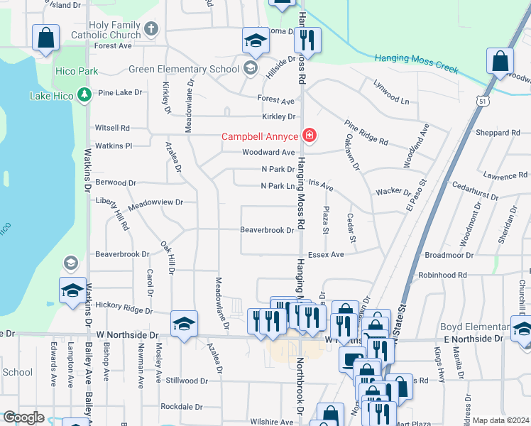 map of restaurants, bars, coffee shops, grocery stores, and more near 461 Hanging Moss Circle in Jackson