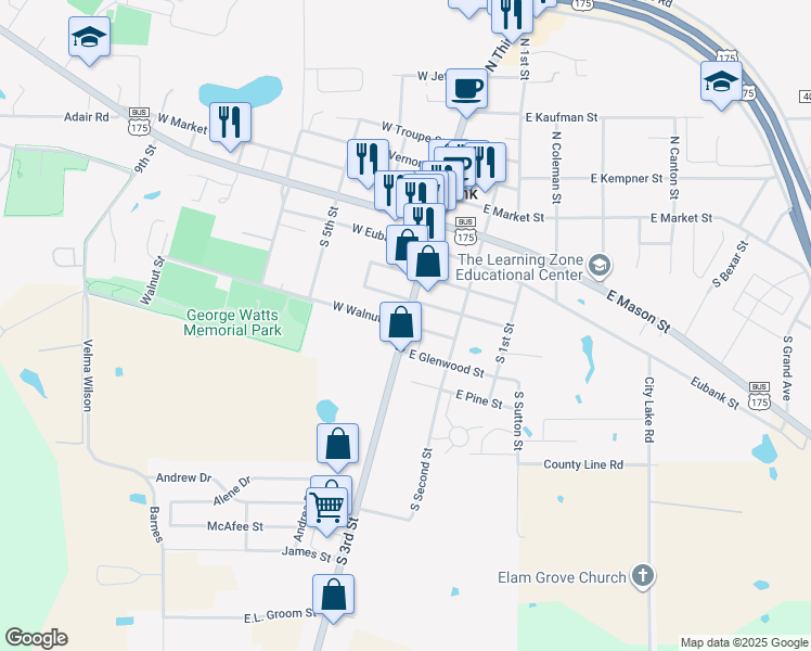 map of restaurants, bars, coffee shops, grocery stores, and more near Farm to Market Road 90 in Mabank