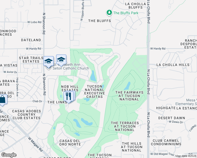 map of restaurants, bars, coffee shops, grocery stores, and more near 8597 North Arnold Palmer Drive in Tucson