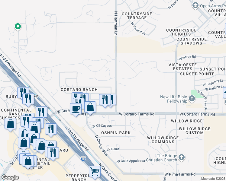 map of restaurants, bars, coffee shops, grocery stores, and more near 8572 North Deer Valley Drive in Tucson