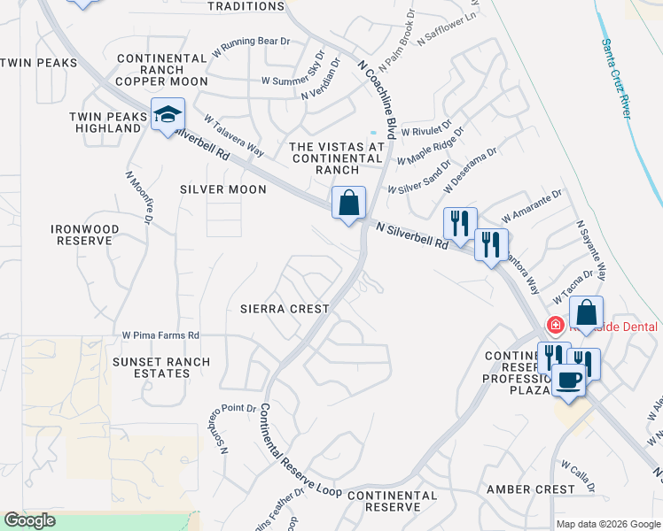 map of restaurants, bars, coffee shops, grocery stores, and more near 7480 West Sweet River Road in Tucson