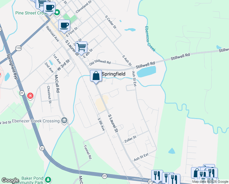 map of restaurants, bars, coffee shops, grocery stores, and more near 106 Laurel Pointe Drive in Springfield