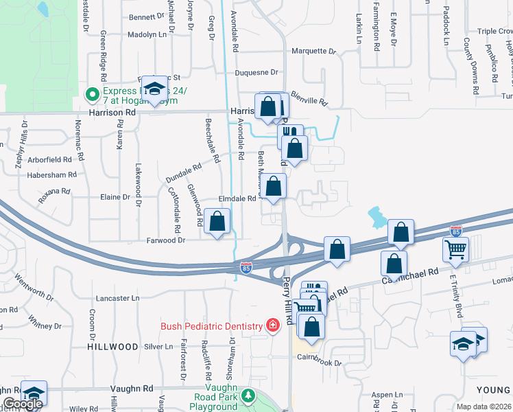 map of restaurants, bars, coffee shops, grocery stores, and more near 1161 Beth Manor Drive in Montgomery