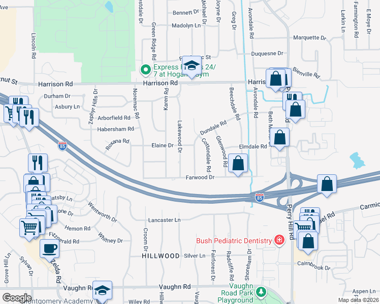 map of restaurants, bars, coffee shops, grocery stores, and more near 3500-3598 Elaine Drive in Montgomery