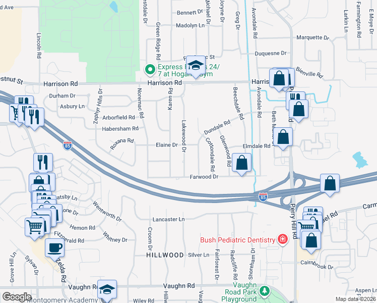 map of restaurants, bars, coffee shops, grocery stores, and more near 3500-3598 Elaine Drive in Montgomery