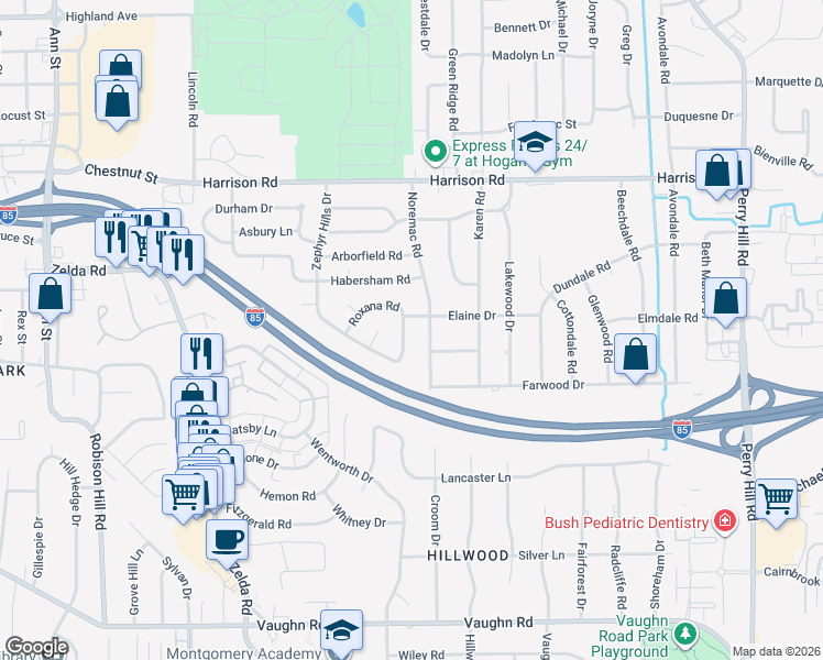 map of restaurants, bars, coffee shops, grocery stores, and more near 3358 Roxana Road in Montgomery