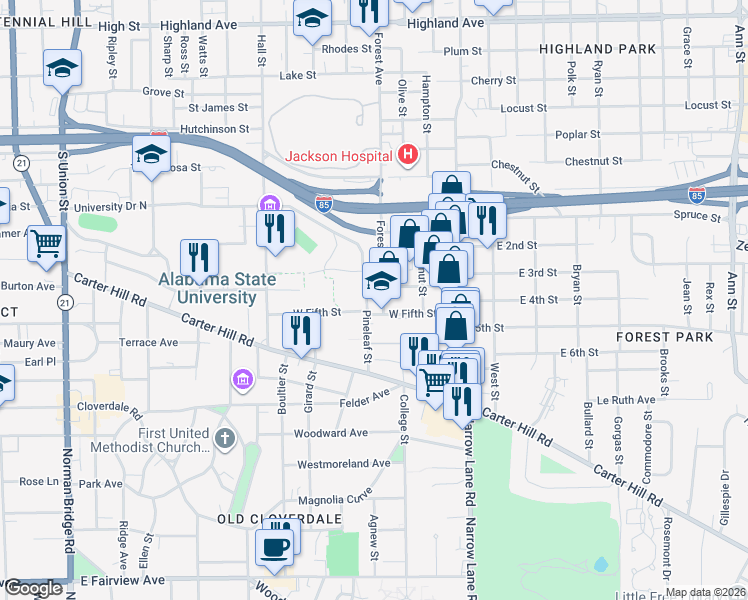 map of restaurants, bars, coffee shops, grocery stores, and more near 1700-1708 W 4th St in Montgomery