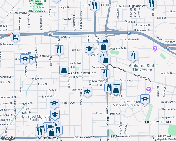 map of restaurants, bars, coffee shops, grocery stores, and more near 1129 South McDonough Street in Montgomery
