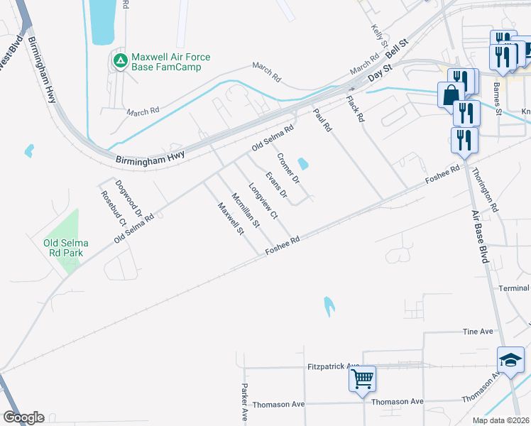 map of restaurants, bars, coffee shops, grocery stores, and more near 52 Longview Court in Montgomery