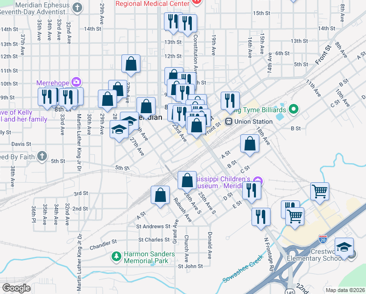 map of restaurants, bars, coffee shops, grocery stores, and more near 2310 4th Street in Meridian