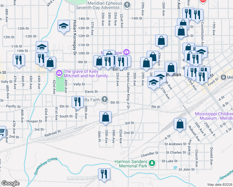 map of restaurants, bars, coffee shops, grocery stores, and more near 3316 Davis Street in Meridian