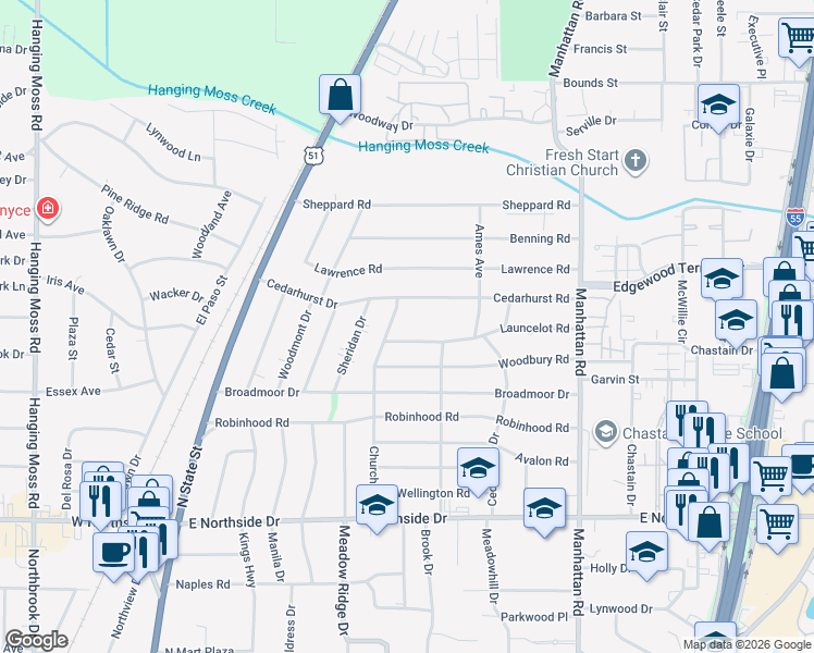 map of restaurants, bars, coffee shops, grocery stores, and more near 515 Cedarhurst Drive in Jackson