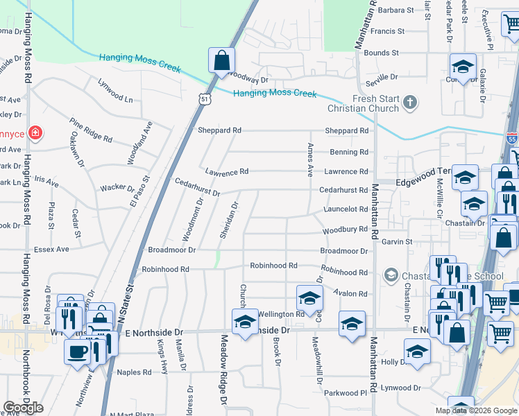 map of restaurants, bars, coffee shops, grocery stores, and more near 515 Cedarhurst Drive in Jackson