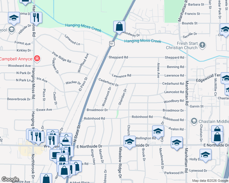 map of restaurants, bars, coffee shops, grocery stores, and more near 4876 Maplewood Drive in Jackson