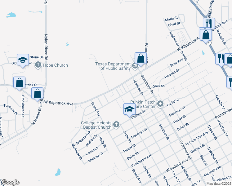 map of restaurants, bars, coffee shops, grocery stores, and more near 1915 Starling Court in Cleburne