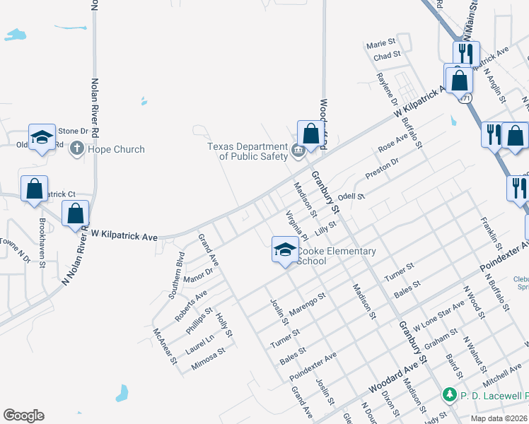 map of restaurants, bars, coffee shops, grocery stores, and more near 1915 Starling Court in Cleburne