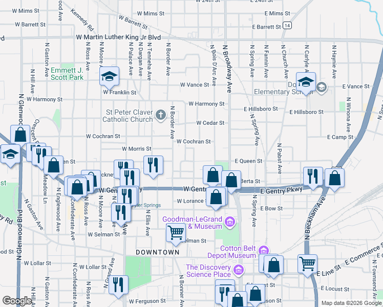 map of restaurants, bars, coffee shops, grocery stores, and more near 1224 North Whitten Avenue in Tyler